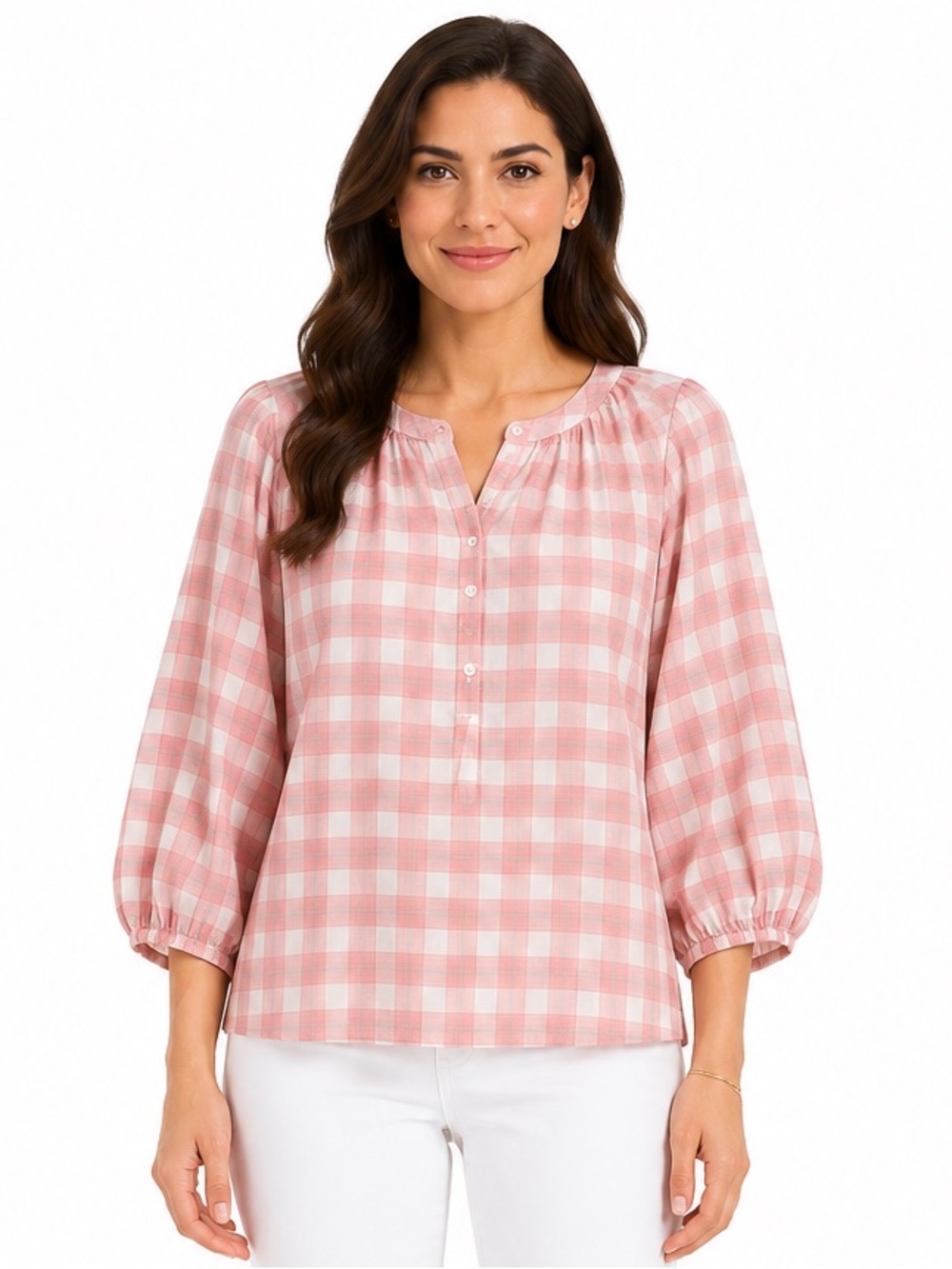MAX STUDIO Pink Windowpane Plaid Cotton Peasant Blouse Puff Sleeve NWT